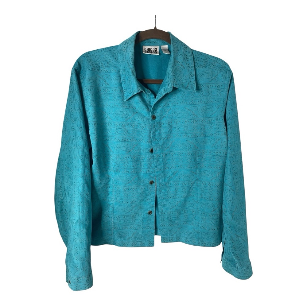 Chico's Teal Button Down Shirt, Jacket, Long Sleeve Collar Sz 2 Large